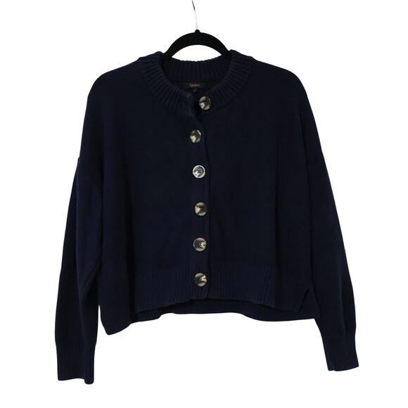 Quince Organic Cotton Navy Cropped Cardigan Sweater L Preppy Dark Academia - Picture 1 of 6